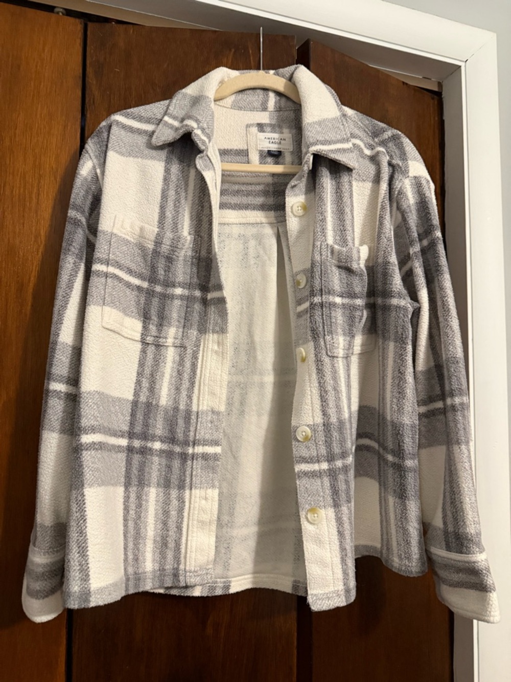 American Eagle Plush Plaid shacket- Cream & Gray